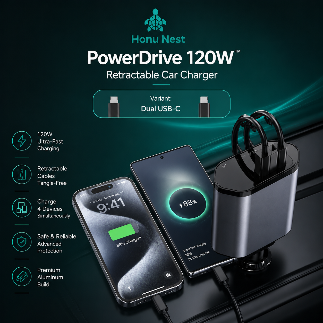 Honu Nest PowerDrive 120W Retractable Car Charger