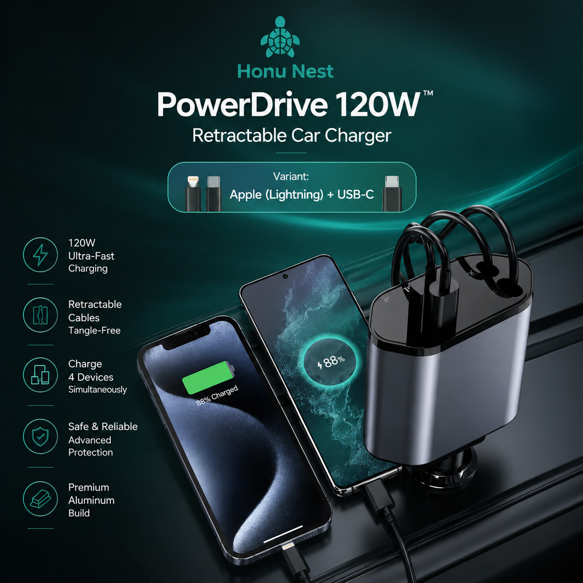 Honu Nest PowerDrive 120W Retractable Car Charger