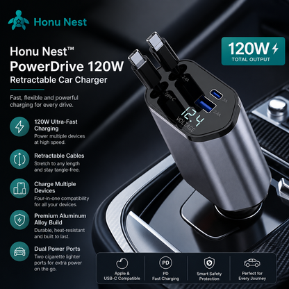 Honu Nest PowerDrive 120W Retractable Car Charger